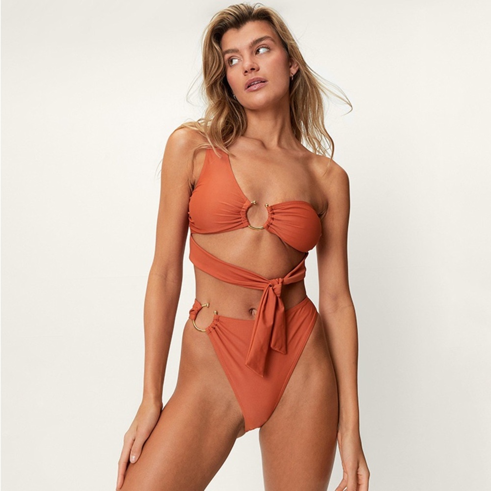 Nasty Gal One-Shoulder Rust Orange Wrap Bikini with Gold Rings